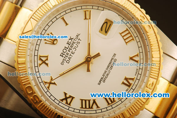 Rolex Datejust Oyster Perpetual Automatic ETA Coating Case with White Dial and Gold Roman Markers - Two Tone Strap - Click Image to Close